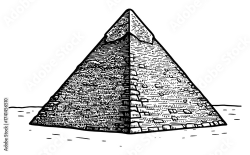 Detailed Amazing Giza Pyramid Vintage Etching Illustration Black and White Outline Line Art Drawing