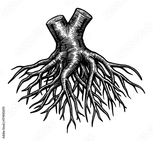Detailed Intricate Root Structure of Tree Stump Cut Black and White Outline Line Art Drawing