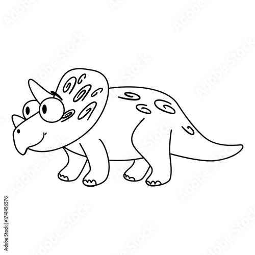 A cartoon-style Triceratops dinosaur with a round body, large frill, and three facial horns. It has a friendly expression and simple line art design.