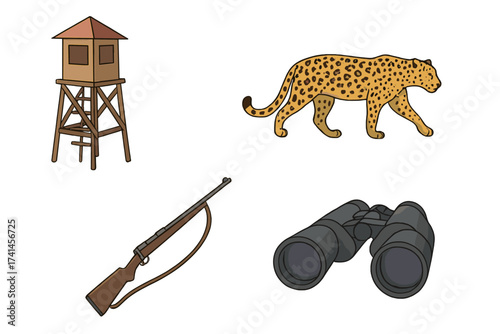 African safari hunting icon set with leopard big cat, observation tower, rifle gun, and binoculars. Cartoon vector collection for hunter and wildlife observation concepts.