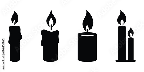 Black candle silhouettes with flames. Burning candle with dripping wax design, candle flame icon silhouette vector illustration isolated on white background.