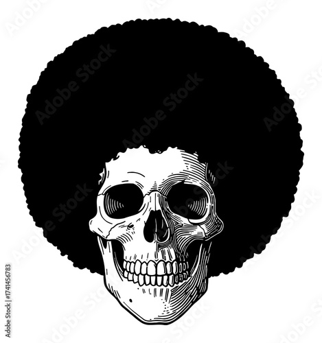 Human Skull with Afro Hairstyle Black and White Outline Line Art Drawing Isolated Vector Illustration