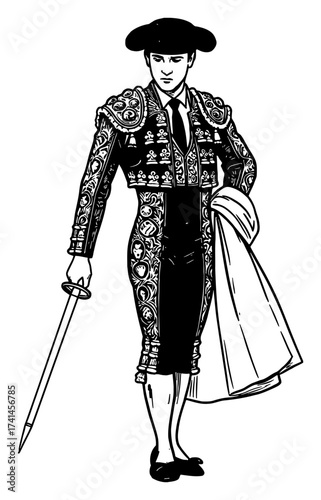 Matador Bullfighter Holding Sword and Cape in Traditional Costume Black and White Outline Line Art Drawing