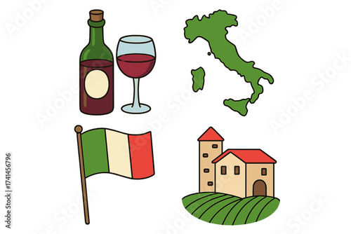 Italy travel icon set vector illustration. Italian culture symbols collection. Map of Italy, flag, red wine bottle and glass, tuscany vineyard landscape with villa house.