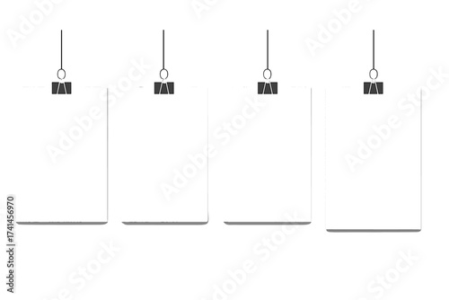 Blank paper mockup vector set. Four white poster sheets hanging on office binder clips. Realistic gallery mock-up for portfolio presentation. Isolated on white background.