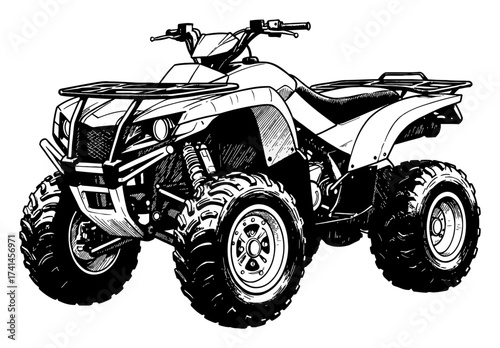 Detailed Offroad Quad Bike ATV Showcase Illustration Black and White Outline Line Art Drawing Isolated Object