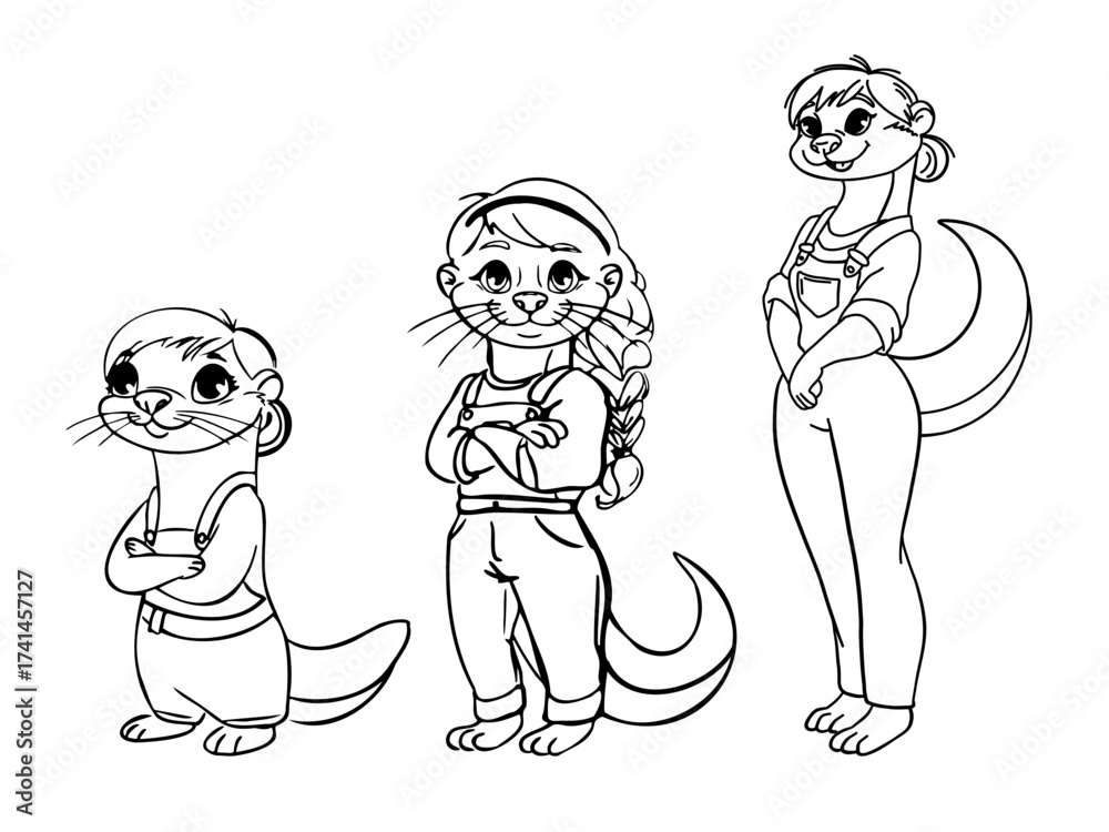Fototapeta premium Three cartoon otters in various poses. The first is a male with short hair, the second is a female with a braid, and the third is a female with short hair. All are smiling.
