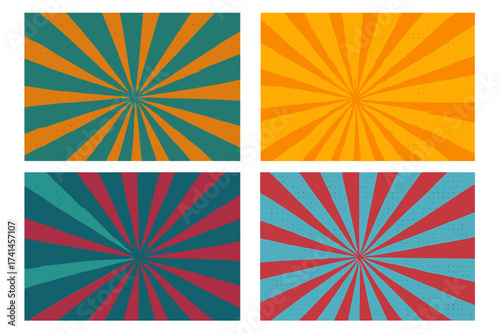 Set of retro sunburst backgrounds. Vintage comic pop art style with radial rays and halftone texture. Abstract 70s graphic design element for posters, flyers and banners.