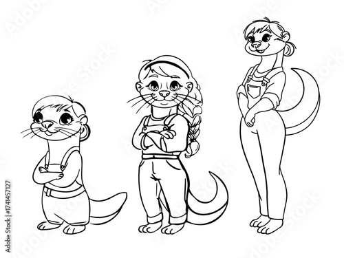 Three cartoon otters in various poses. The first is a male with short hair, the second is a female with a braid, and the third is a female with short hair. All are smiling.