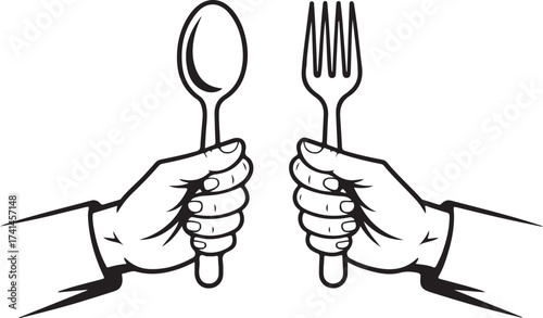 Hands Holding Spoon and Fork Outline on a Simple Background