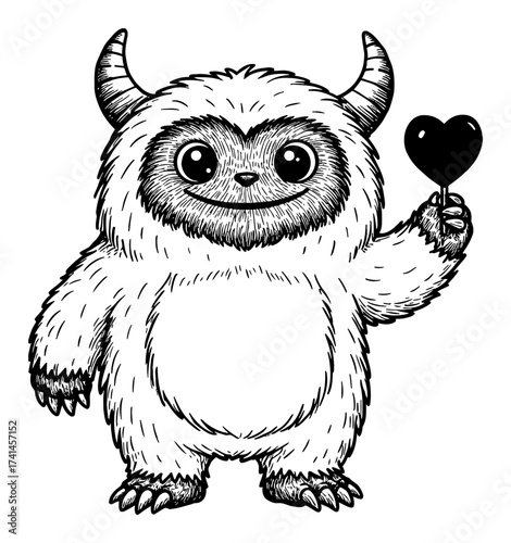 A Cute Yetti Monster Holding a Heart Love Candy Black and White Outline Line Art Drawing