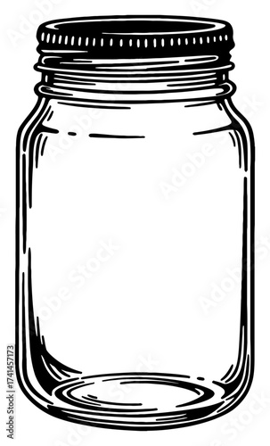 Empty Blank Glass Mason Jar with Lid Black and White Outline Line Art Drawing Vector Icon