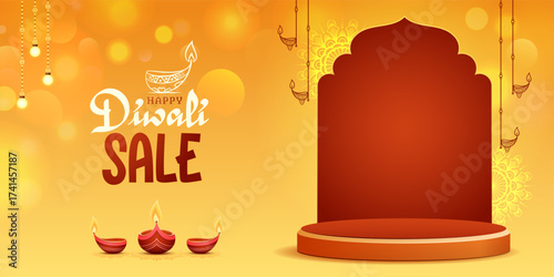 happy diwali festival sale banner design with podium, frame and diya