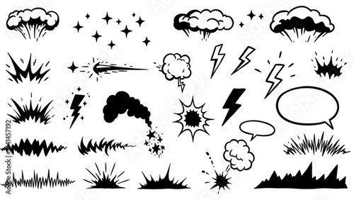 Hand-drawn comic art doodles: explosions, lightning, smoke, speech bubbles, sparks. Great for graphic novels, animation, game design, web assets, mark