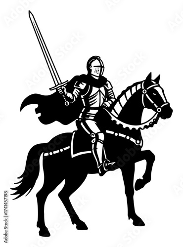 Knight Riding Horse Holding Sword Emblem Logo Black and White Outline Line Art Drawing Medieval Warrior Figure