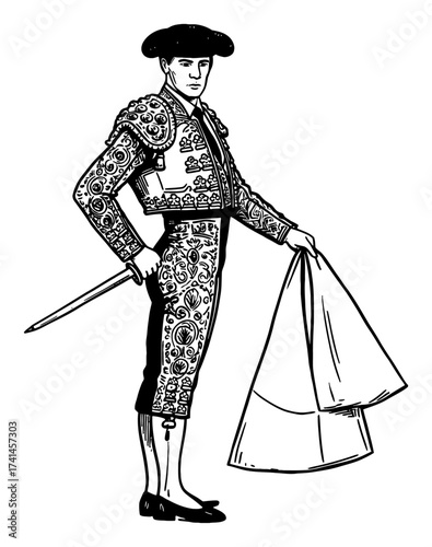 Spanish Matador Bullfighter in Suit of Lights Black and White Outline Line Art Drawing Illustration