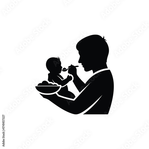 Father feeding baby silhouette of a man feeding his child with a spoon, representing parental care and love