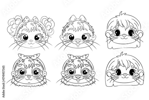 Six cartoon-style faces of children with animal features. Each face has large eyes and distinct hairstyles, resembling cute animals.