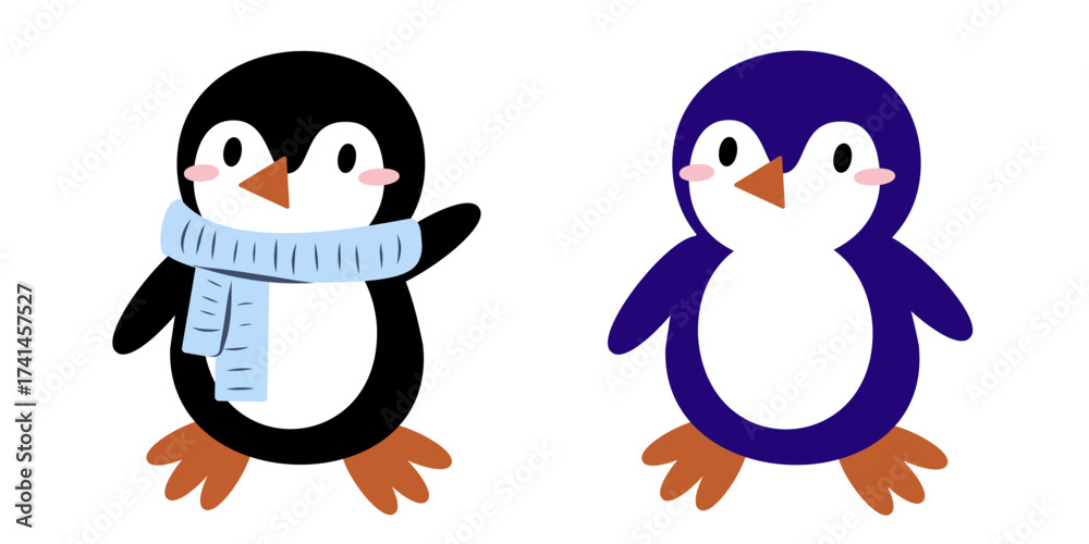 Fototapeta premium Two cartoon penguins, one black with a blue scarf and one purple, both with orange feet and white bellies. They are cheerful and playful in design.