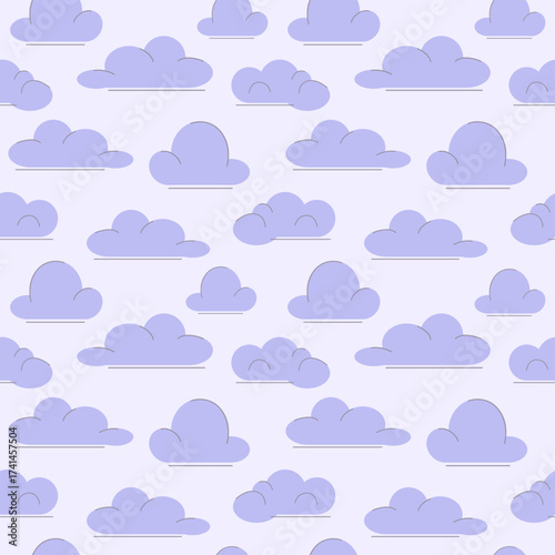 A seamless pattern of light purple clouds on a soft lavender background. The clouds vary in size and shape, creating a whimsical and calming design.