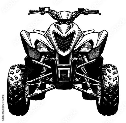 A Quad Bike Showcase Front View ATV Vehicle Black and White Outline Line Art Drawing