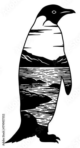 Antarctic Landscape Inside Penguin Silhouette Double Exposure Black and White Outline Line Art Drawing