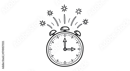 Foto Hand-drawn Alarm Clock with Sparkling Stars Illustration.