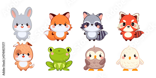 A collection of cute, cartoon-style animals including a gray rabbit, orange fox, raccoon, red panda, brown dog, green frog, brown owl, and white chick.