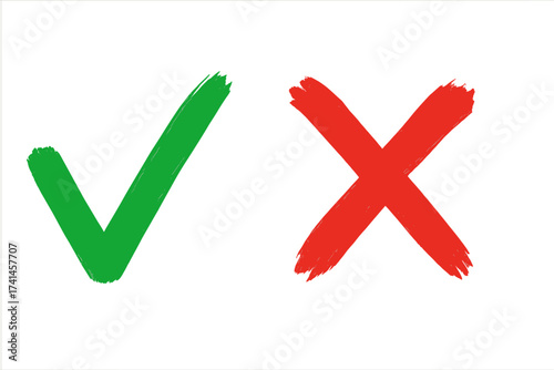 Green checkmark OK and red X cross grunge brush signs. Yes and no check list symbols. Right and wrong vote icons. Correct and incorrect choice mark. Accept or reject decision.