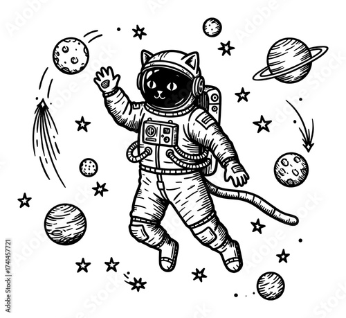 Floating Cat Astronaut Spacewalking Among Stars and Planets Black and White Outline Line Art Drawing