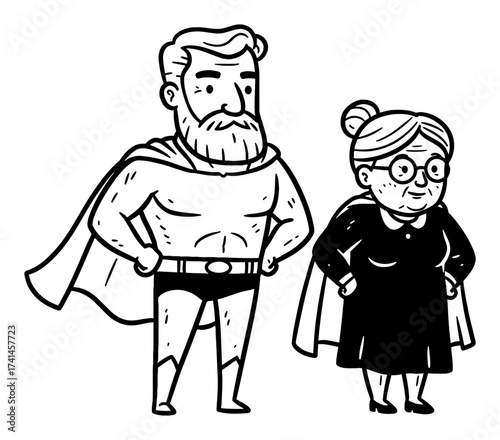 Grandpa and Grandma Superhero Couple Standing Pose Black and White Outline Line Art Drawing