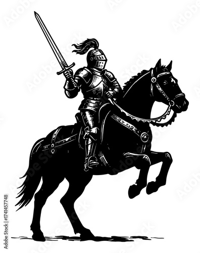 Medieval Knight Riding Horse with Sword Silhouette Black and White Outline Line Art Drawing Vector Illustration