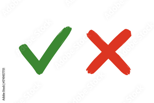 Green checkmark and red X cross grunge brush signs. Hand-drawn tick and cross symbols for yes and no vote. Right and wrong, correct and incorrect vector icon set.