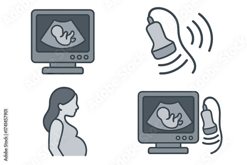 Ultrasound diagnostic icon set for pregnancy and prenatal care. Sonogram with fetus on screen, pregnant woman silhouette. Medical vector for gynecology and obstetrics clinic.