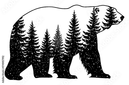 Polar Bear Silhouette Snowy Pine Trees Double Exposure Black and White Outline Line Art Drawing