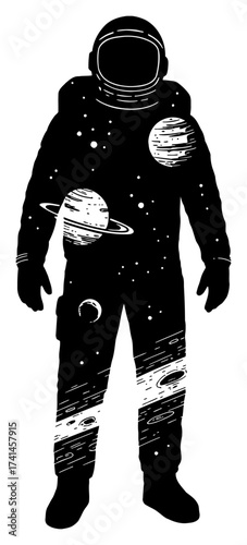 Space and Planets Double Exposure Inside Astronaut Silhouette Black and White Outline Line Art Drawing
