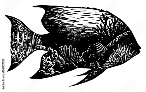 Underwater Sea Landscape inside Fish Silhouette Double Exposure Black and White Outline Line Art Drawing