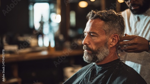 Men's haircut and grooming experience barbershop portrait urban environment close-up style transformation
