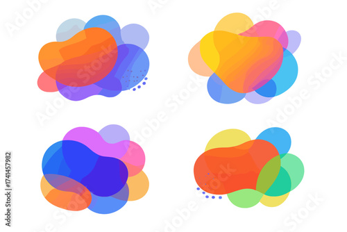 Set of abstract fluid shapes. Colorful gradient blobs. Modern vibrant liquid elements. Organic amoeba forms for design. Transparent overlapping spots. Vector background bundle.
