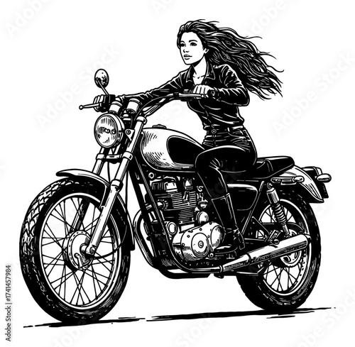 Woman with flowing long hair riding a trail motorcycle chopper style vintage Black and White Outline Line Art Drawing