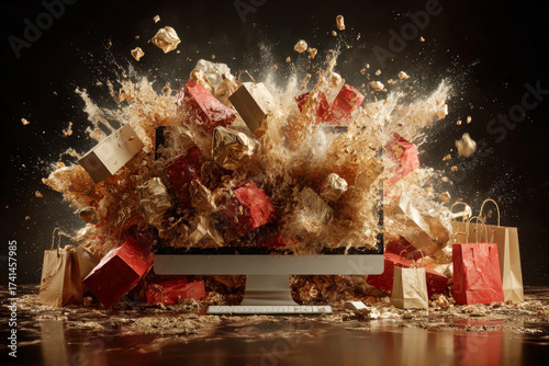 Computer Screen Bursting with Gift Boxes Shopping Bags Creating Dynamic Explosion Effect