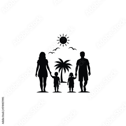 Family silhouette walking on the beach, parents with children enjoying summer vacation, vector illustration