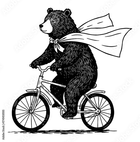 Adorable Bear Character Riding Bicycle with Long Flowing Cape Black and White Outline Line Art Drawing Vintage Style