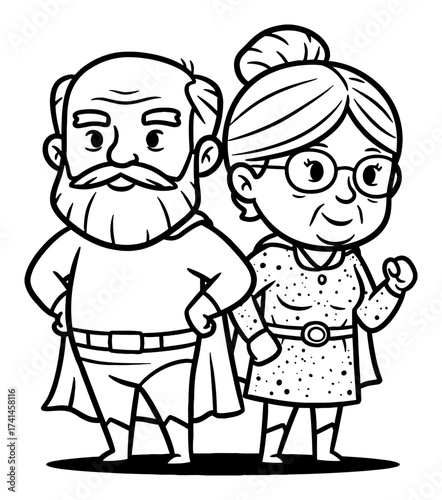 Cute Grandpa and Grandma Superhero Couple Cartoon Black and White Outline Line Art Drawing Comic Style