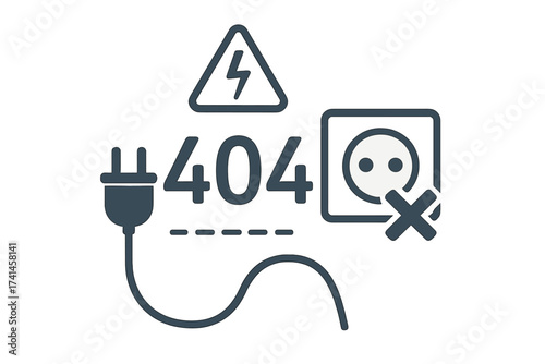 404 error page not found concept. Connection error or lost. Disconnected, unplugged electric plug and socket. Website offline, unavailable, or broken. Warning sign vector.