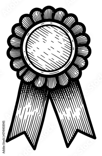 Detailed Realistic Award Ribbon Rosette Prize Medal Black and White Outline Line Art Drawing Vector Icon