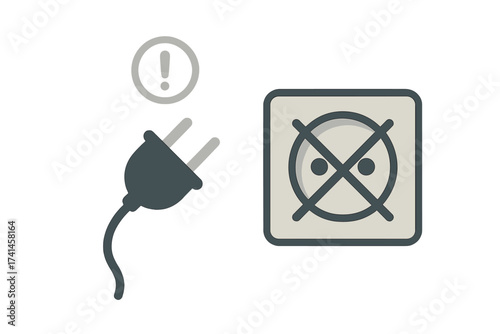 404 error page not found concept. Connection error, disconnected or disabled electrical outlet and plug. Warning, offline, or unavailable sign. Flat vector illustration.