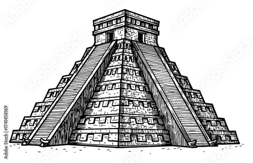 Detailed Amazing Mayan Pyramid Chichen Itza Temple Black and White Outline Line Art Drawing Illustration