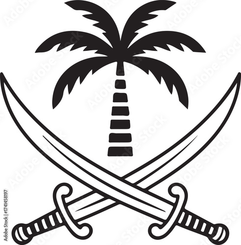Crossed Swords and Palm Tree Doodle in Black Outline Illustration