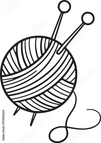 Ball of Yarn with Knitting Needles Doodle in Black Outline Illustration